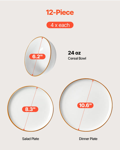 White Ceramic Dinnerware Set for 4 – Scratch-Resistant Round Plates & Bowls, Dishwasher & Microwave Safe, Perfect for Dessert, Salad, Soup, or Pasta